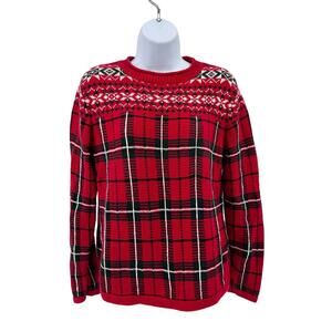 Crazy Horse Christmas Sweater M Red/Green/White Holiday Knit Plaid Long Sleeve
